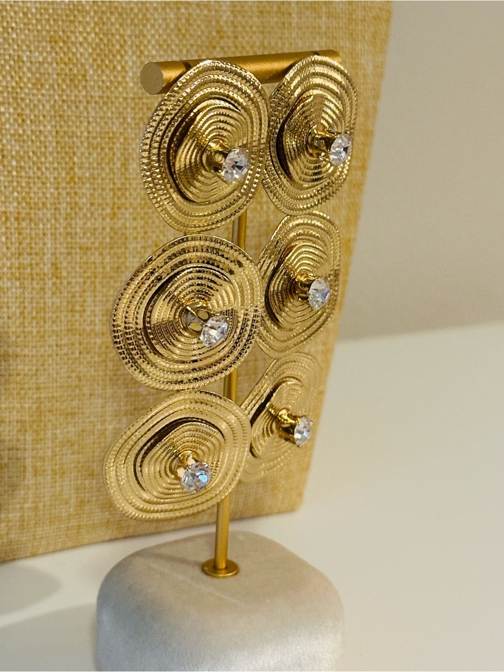 Fashion Jewelry Gold Spiral Disc Earrings with Clear Crystal Centers